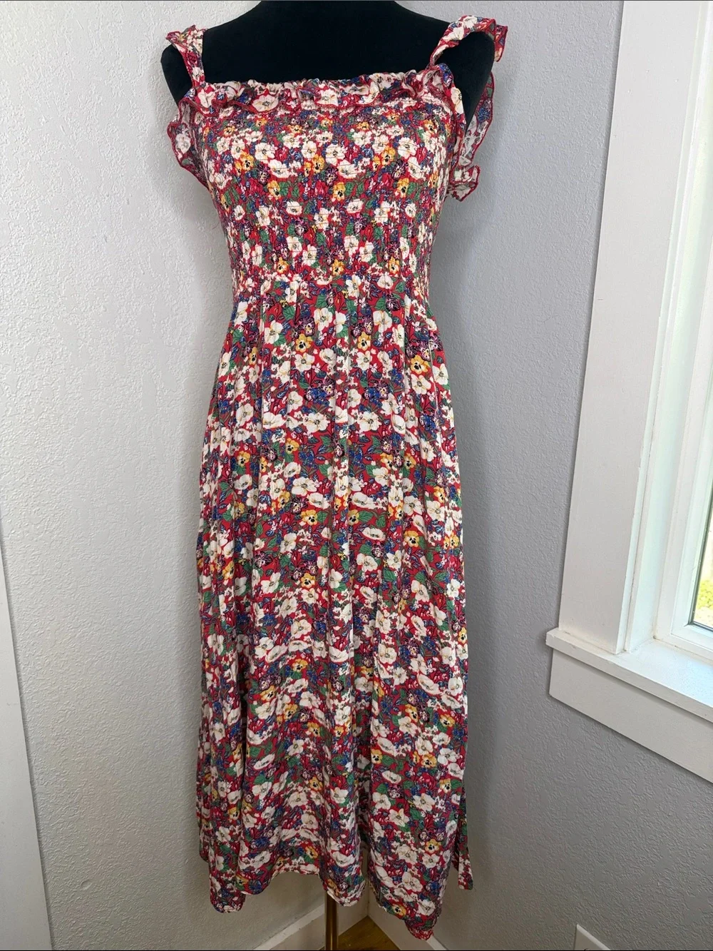 Natural Life Floral Smocked Dress Ruffle Straps Red Rayon Size Med Cottagecore - Picture 1 of 5